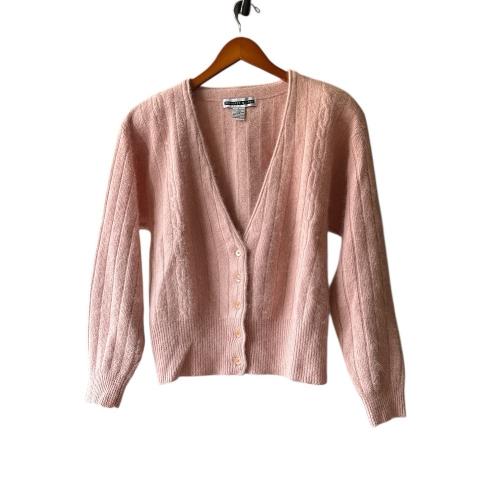 Jennifer Moore Women’s L Pink Lambswool Angora Padded Shoulder Cardigan Sweater